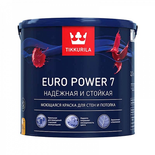 Краска интерьерная стойкая к мытью Tikkurila Euro Power 7 база A мат. 2,7 л